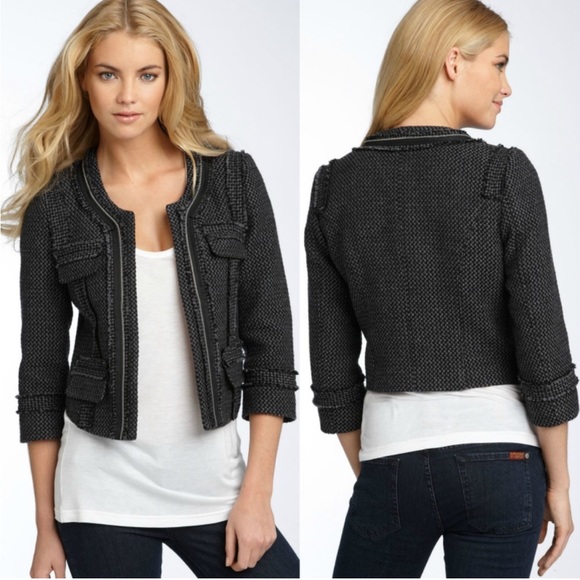 hinge Jackets & Blazers - Hinge Cropped Wool Blazer Tweed Jacket Charcoal Gray Knit Woven Womrns Medium M